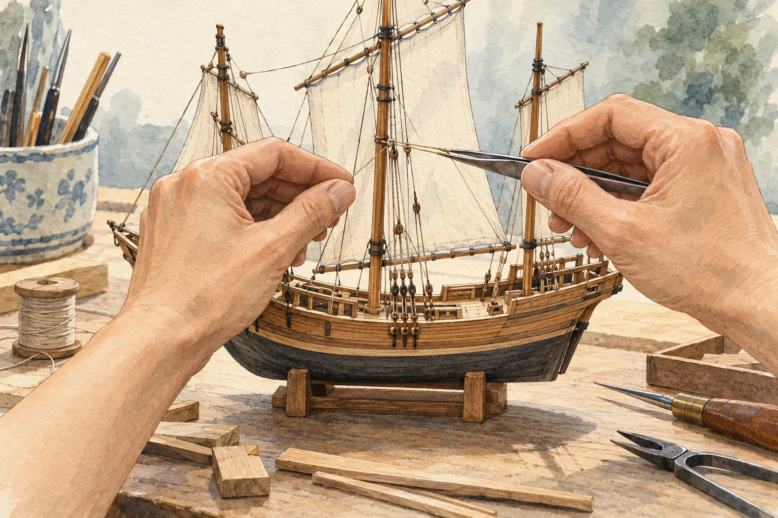 A maker uses tweezers on model-ship rigging, with hull, masts and sails visible
