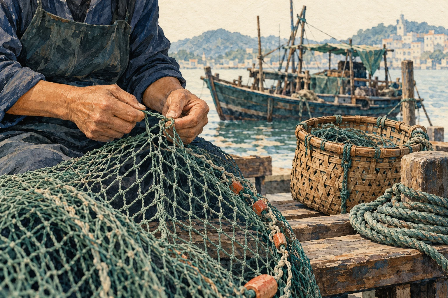 Hands working on a fishing net beside cord, a basket and a wooden boat