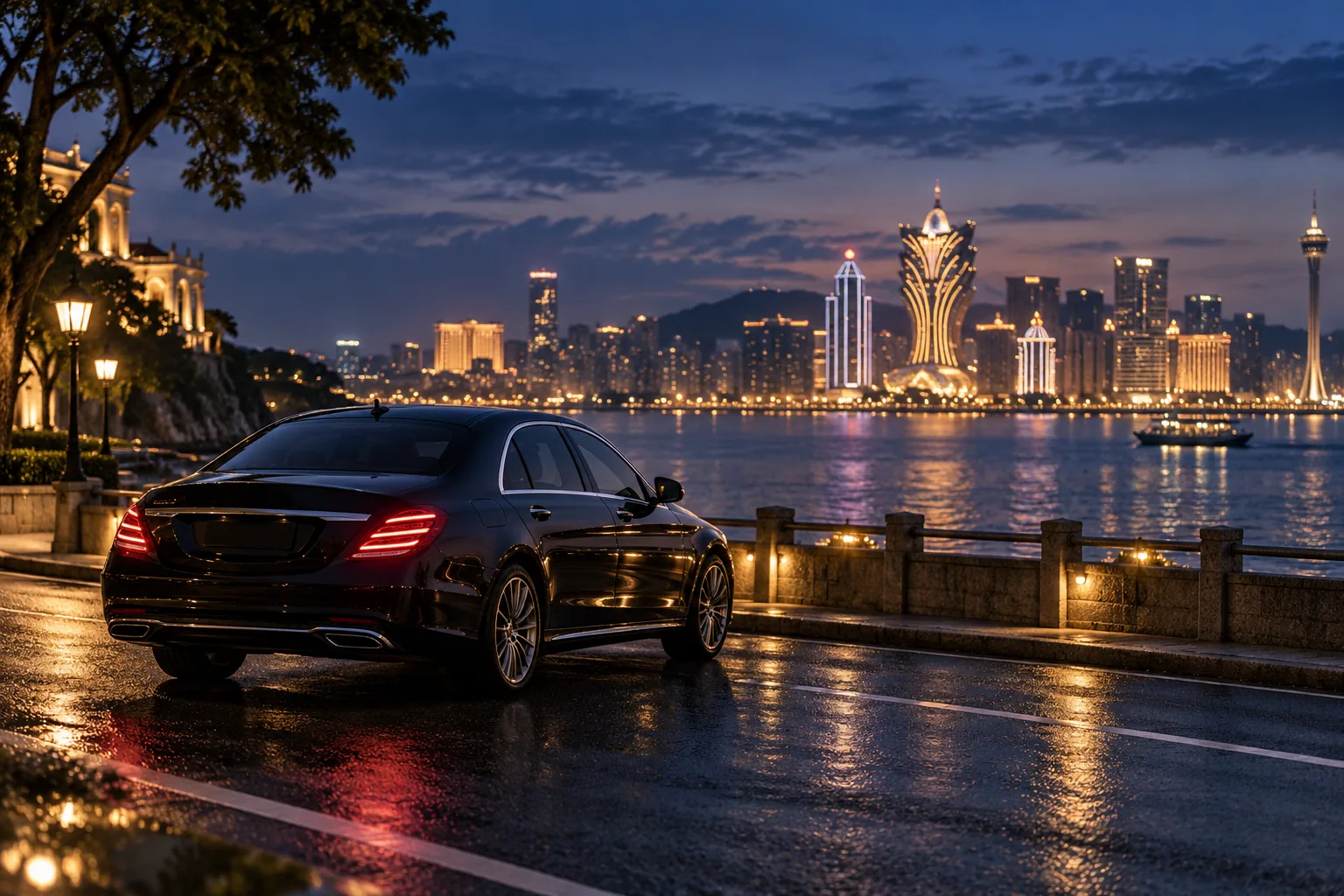 暮色中的澳门城市灯光与海滨轿车