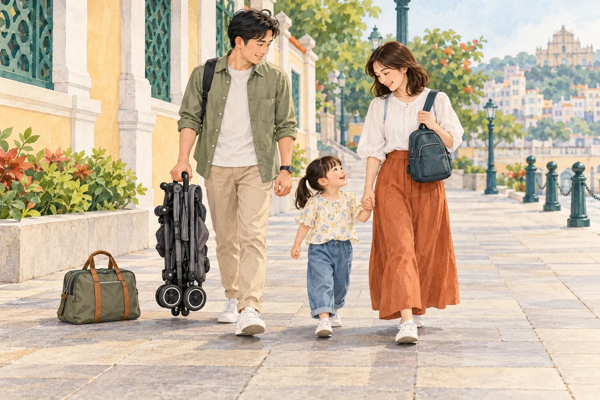 A family with a folded pushchair and consolidated belongings before travel