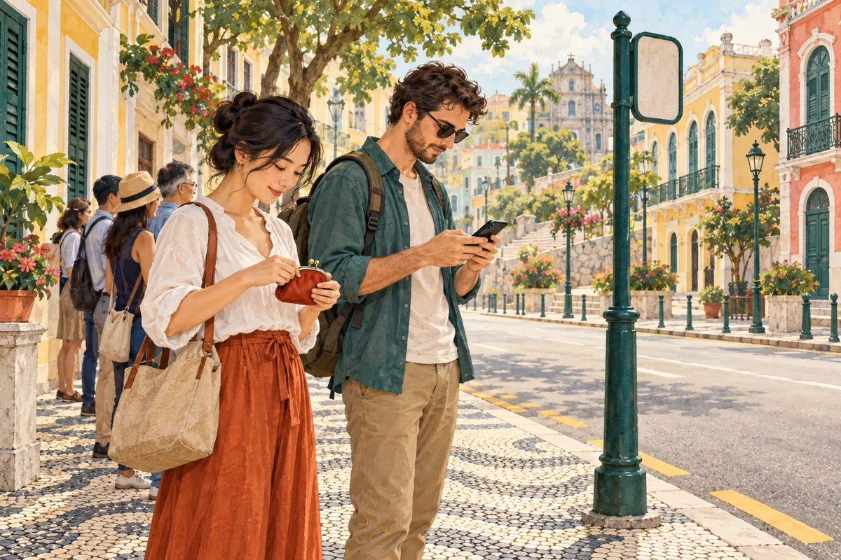 Two travellers preparing a phone payment and coins on a safe pavement