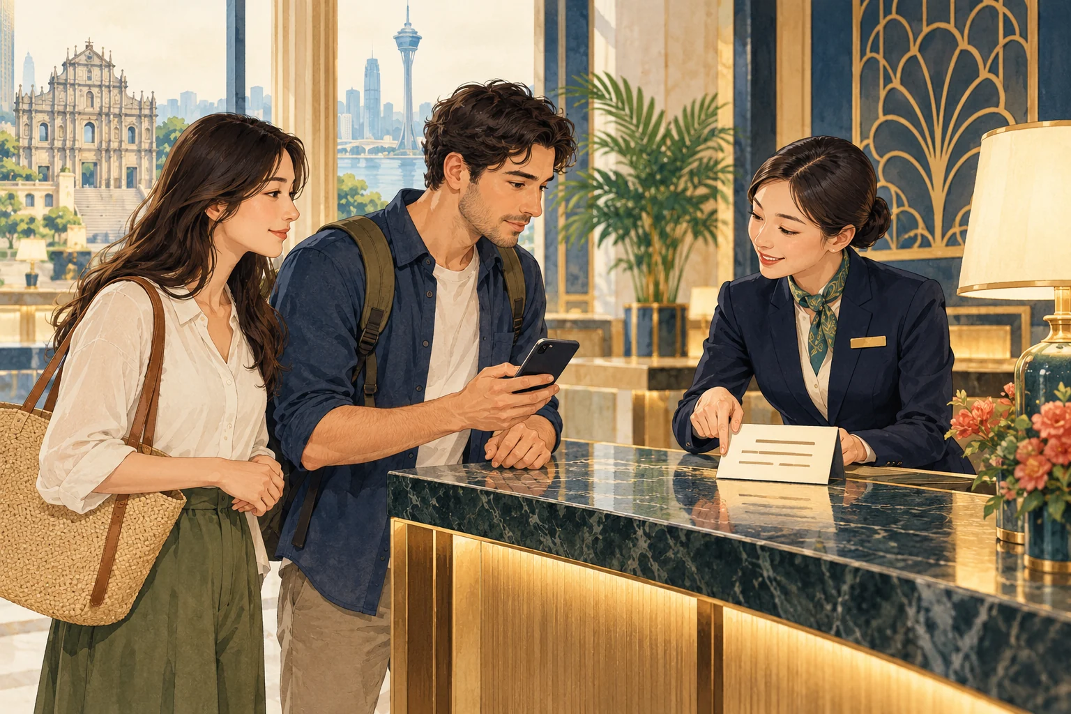 Travellers use a phone at hotel reception while checking an address card
