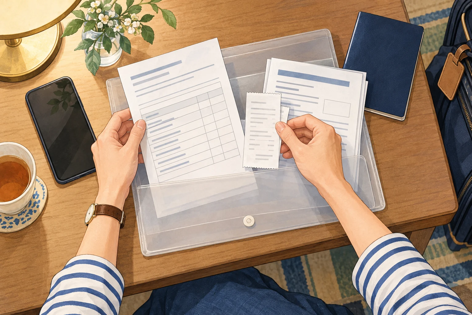 A traveller sorts cost and care papers into a folder