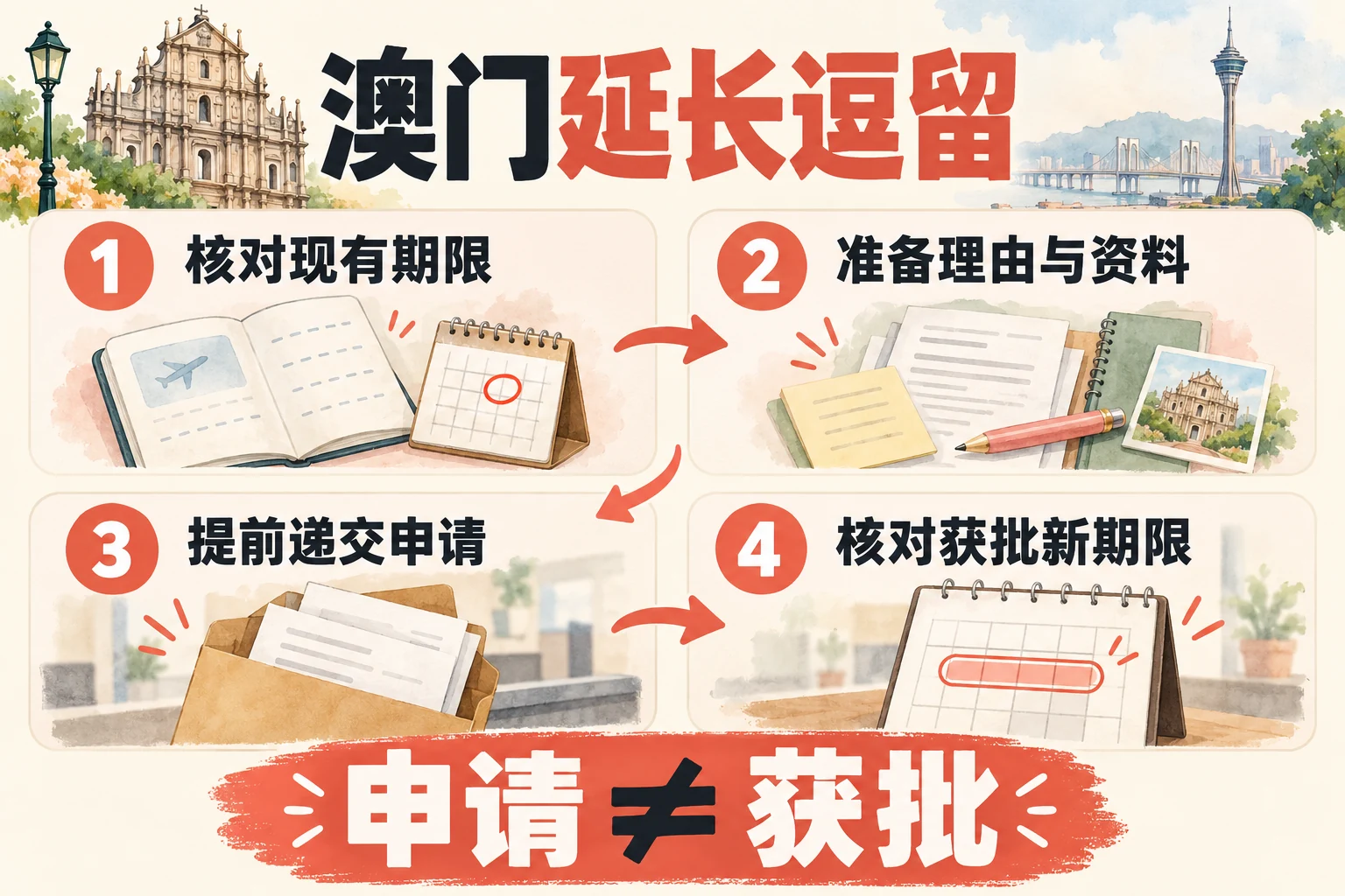 澳门延长逗留四步:核对期限、准备资料、提前递交、核对获批新期限;申请不等于获批