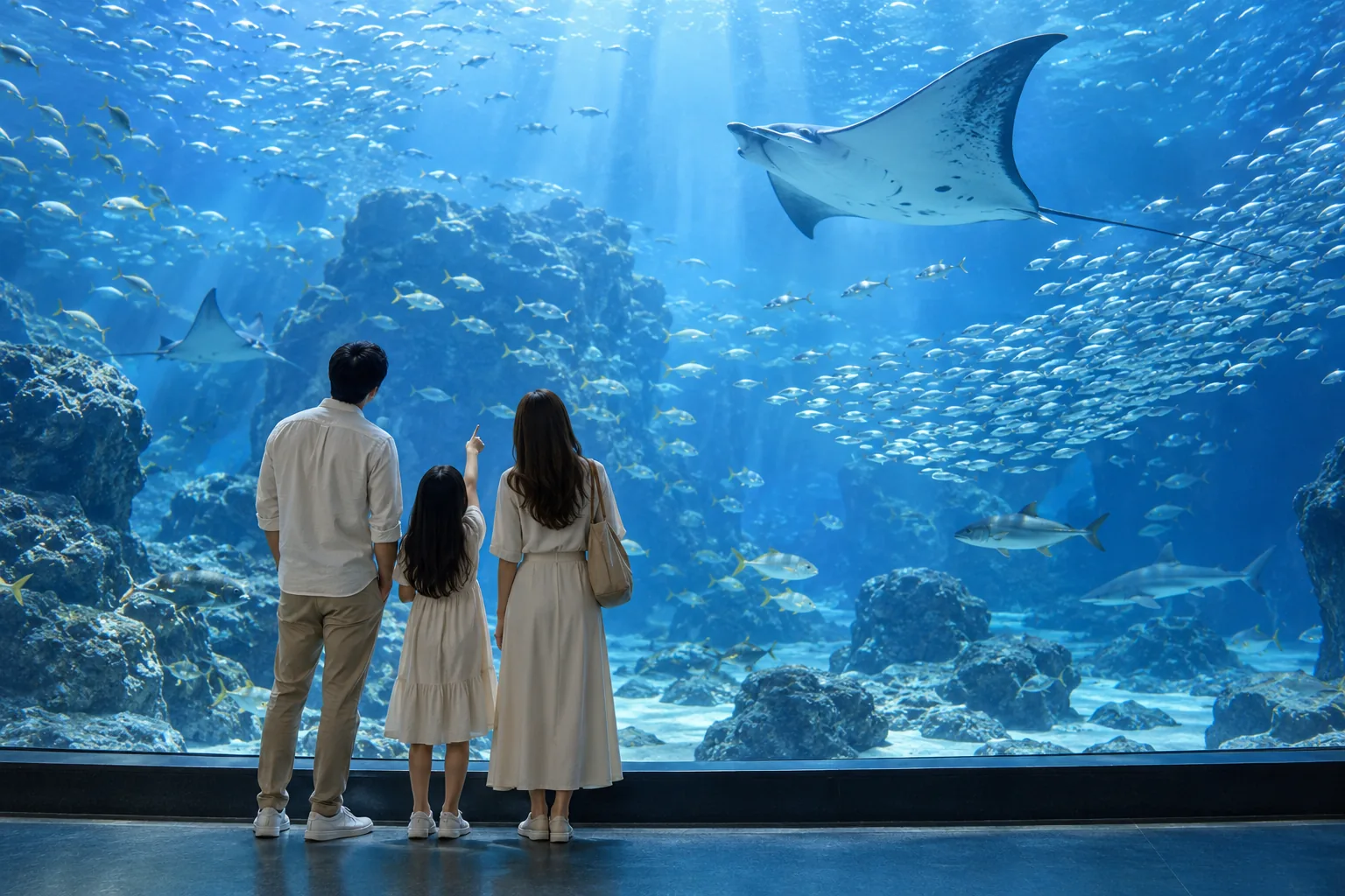 A family looking through a large blue aquarium window